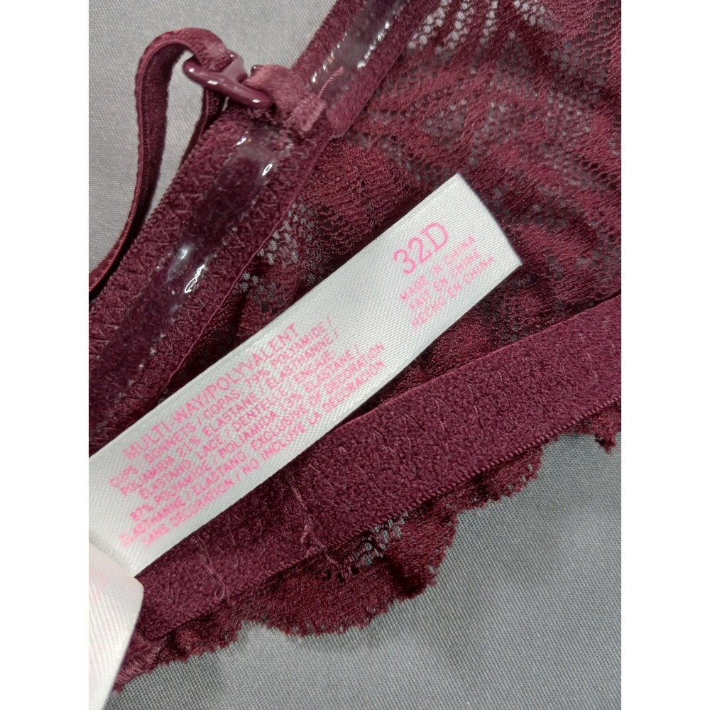 Victorias Secret PINK Push Up Bra 32D Burgundy Wine Lace Satin Underwire - Picture 6 of 6
